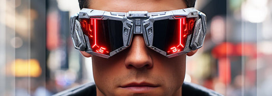 Cyberpunk guy in a dystopian city, illuminated by tech advertisements.