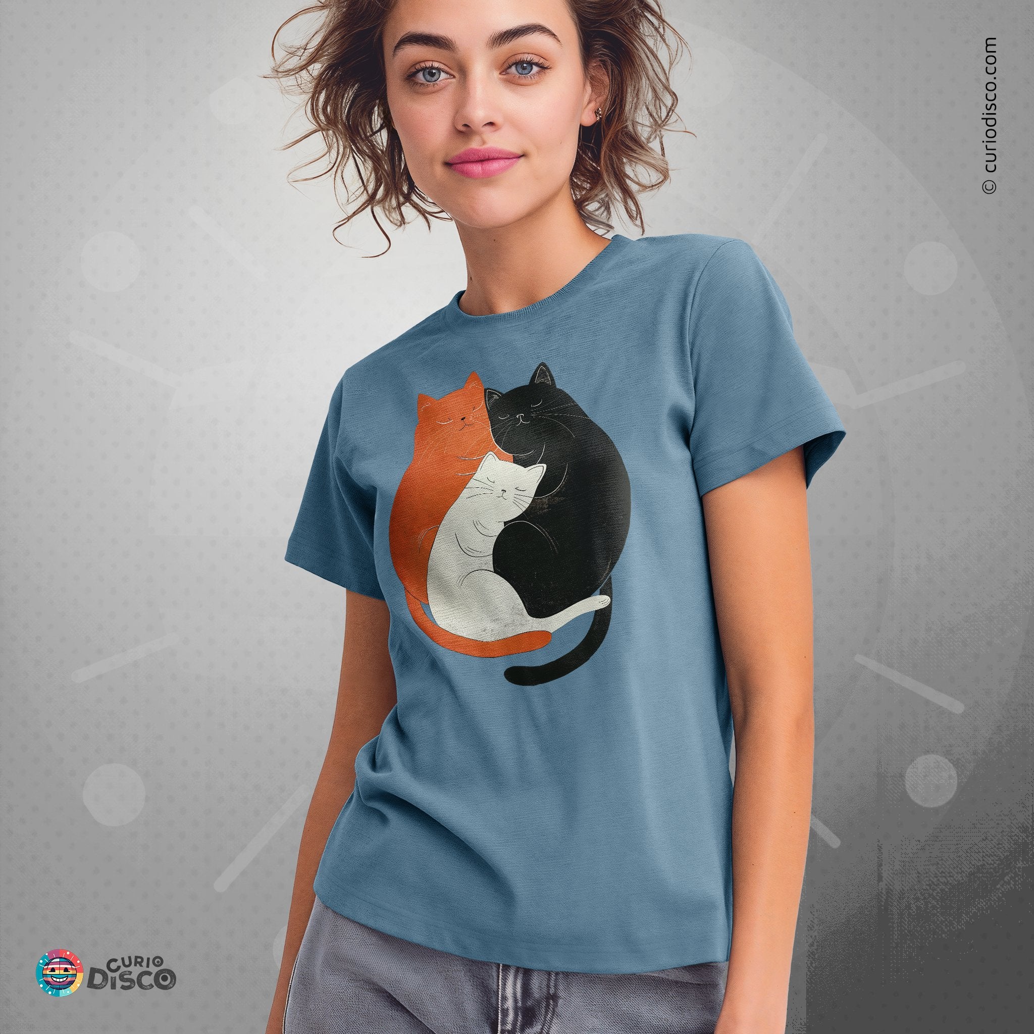 Cat tshirt featuring yin yang calico cat, ideal as cat mom gifts, funny cat shirt, gifts for cat lovers, cat shirts for women. Perfect plus size yoga shirt and gym shirt, trendy yoga gifts, aesthetic clothes, popular right now.
