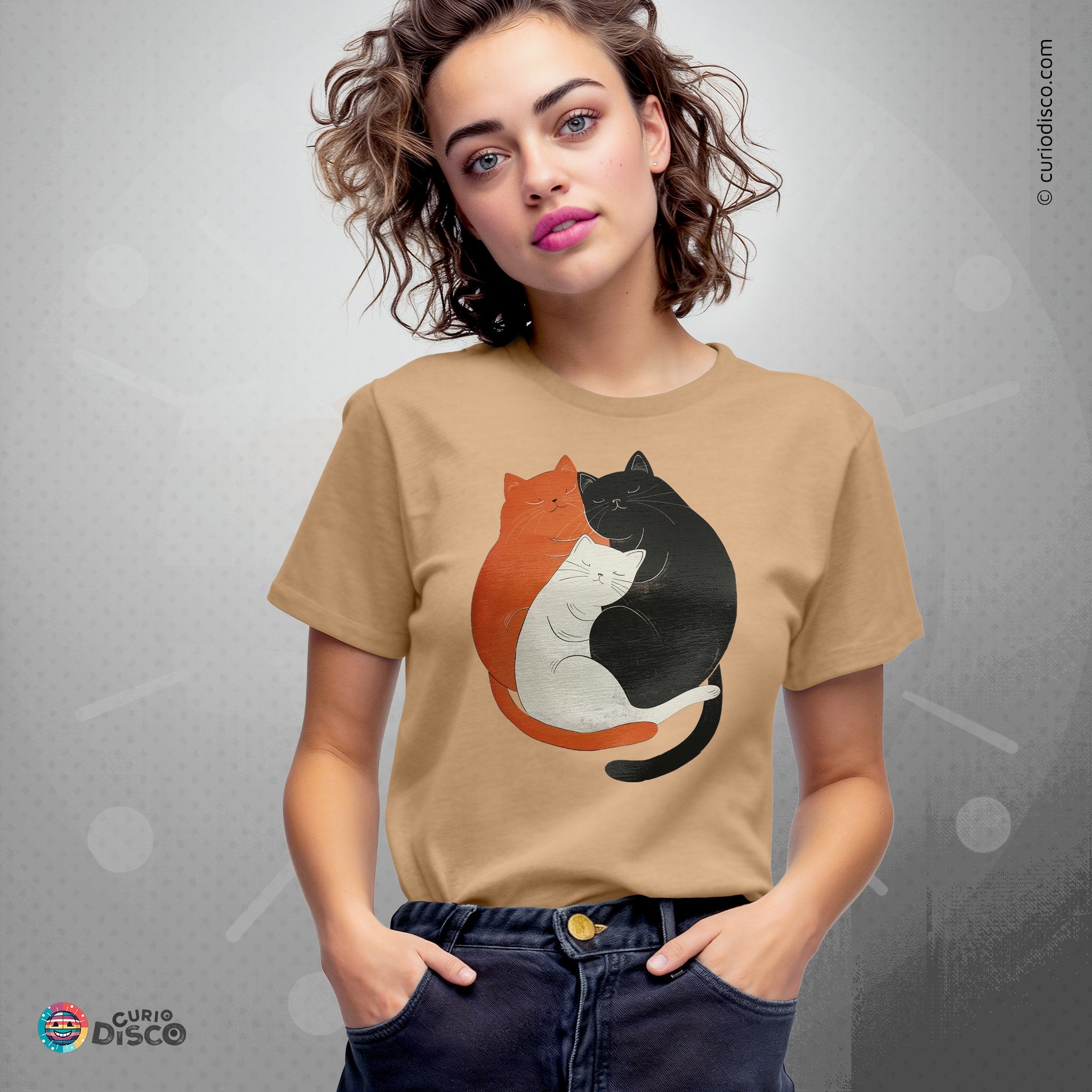 Cat tshirt featuring yin yang calico cat, ideal as cat mom gifts, funny cat shirt, gifts for cat lovers, cat shirts for women. Perfect plus size yoga shirt and gym shirt, trendy yoga gifts, aesthetic clothes, popular right now.