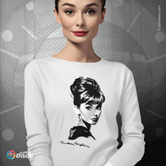 Elegant Audrey Hepburn t-shirt, a 50s 60s vintage sweatshirt style, perfect for womens long sleeve tee fashion. Ideal for Breakfast at Tiffanys fans, family vacations, Hollywood stars inspired girl weekends and as a timeless gift for mothers.