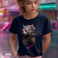Cyberpunk 2077-inspired T-shirt featuring a unique cyberpunk cat graphic. Women&#39;s short sleeve  tshirt with cat design, soft cotton, casual and party wear, perfect gift for her, gift for gamer, gamer gift.