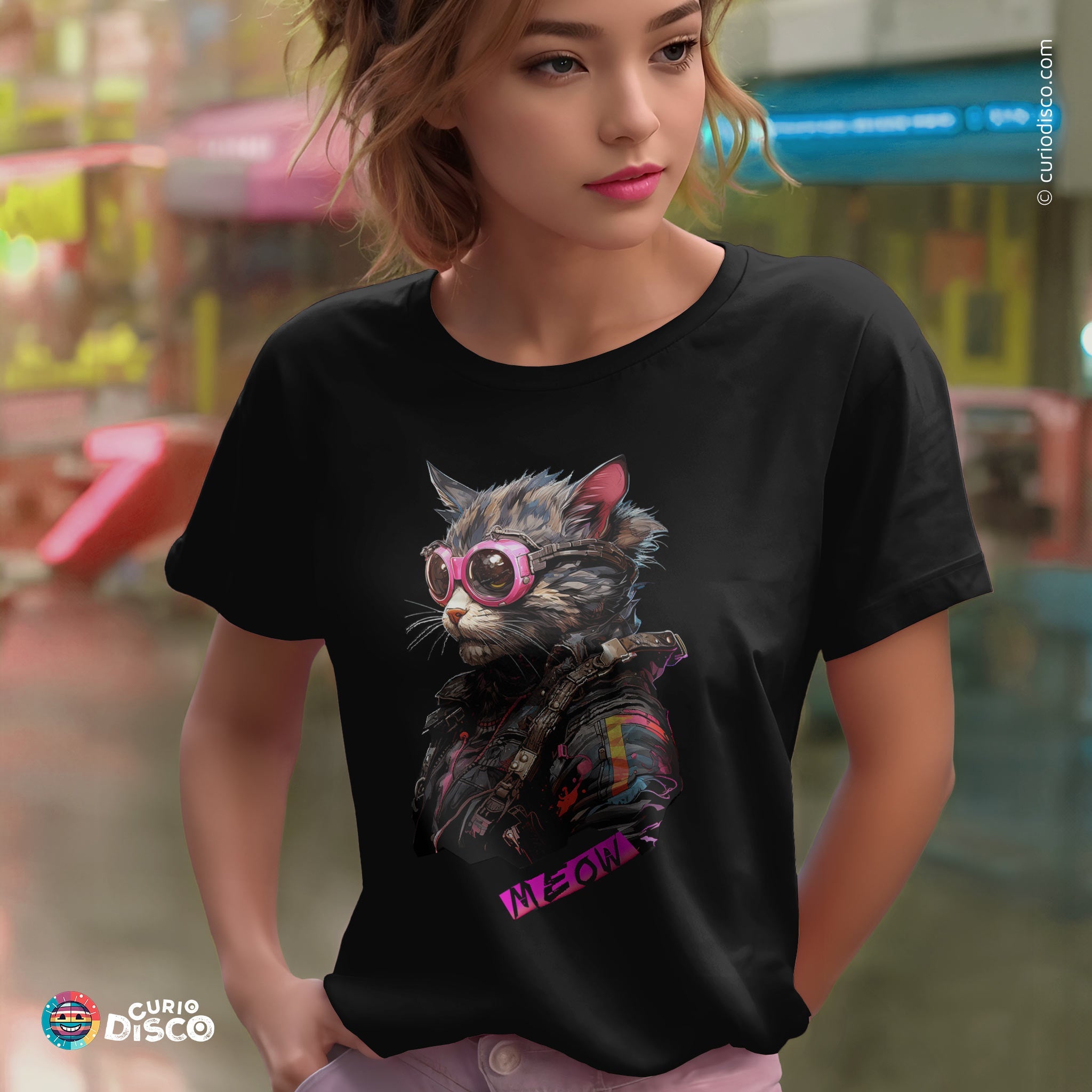 Cyberpunk 2077-inspired T-shirt featuring a unique cyberpunk cat graphic. Women&#39;s short sleeve  tshirt with cat design, soft cotton, casual and party wear, perfect gift for her, gift for gamer, gamer gift.