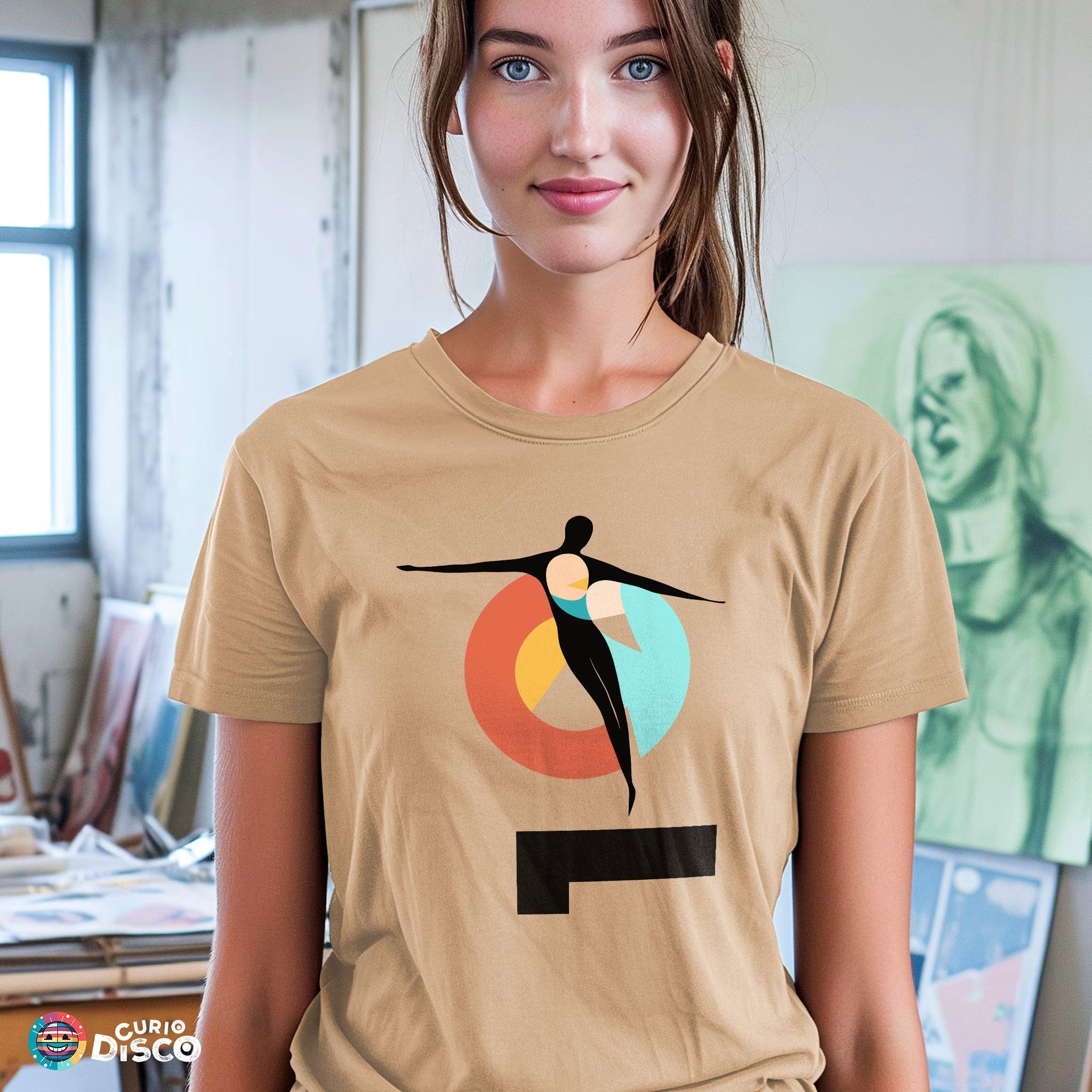 Tan short-sleeve T-shirt. Womens clothing designer shirt with geometric art, ladies gifts or yoga gifts for her; inspirational shirt, minimalist fashion, trending shirts style, offers inner peace relax in plus size shirts as self care gift, spiritual gifts for art lover tee