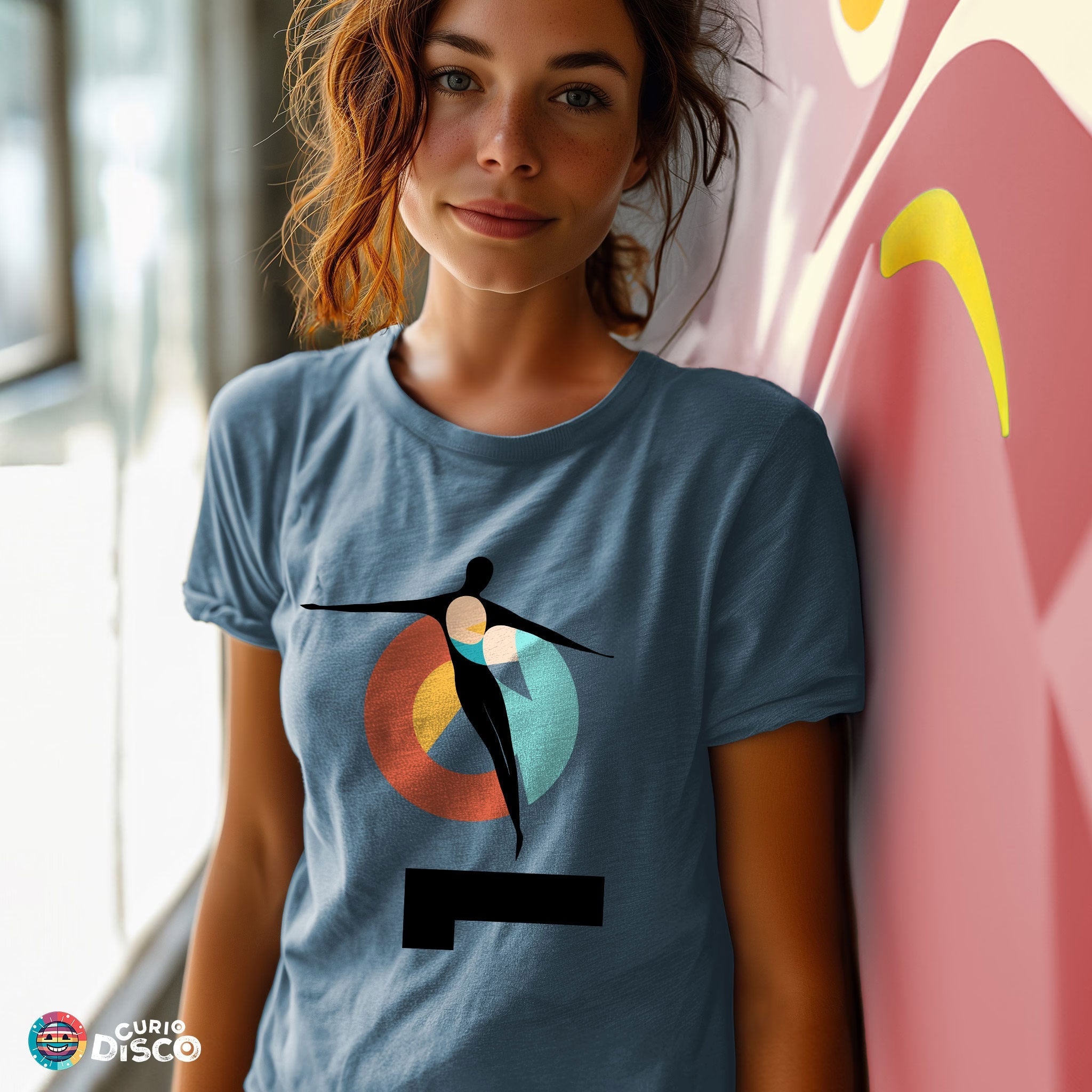 Steel blue short-sleeve T-shirt. Womens clothing designer shirt with geometric art, ladies gifts or yoga gifts for her; inspirational shirt, minimalist fashion, trending shirts style, offers inner peace relax in plus size shirts as self care gift, spiritual gifts for art lover tee