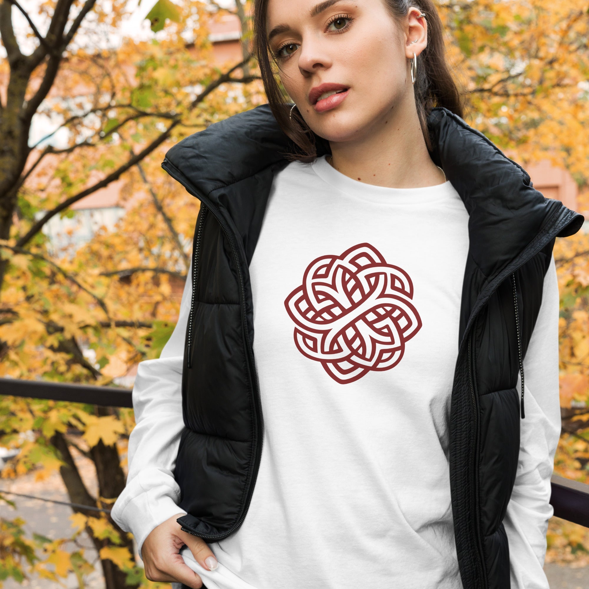 Celtic knot long sleeve tshirt featuring artistic line art of interwoven oak tree roots. Made of soft, 100% cotton, breathable, classic crew neck and long sleeves for a regular fit. This tee is ideal for daily wear. Strength, wisdom, and endurance.